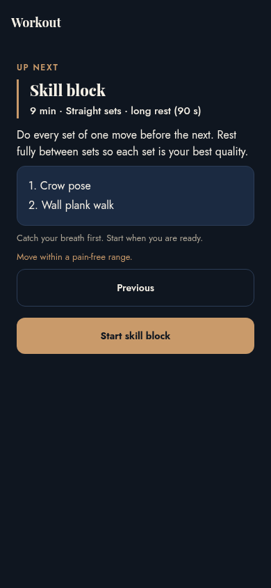 Workout player: skill block with sets, rest and cues