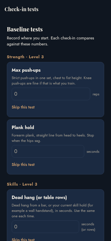 Check-in tests for strength and skills