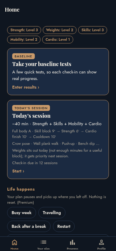 Home screen showing today's session: strength, skills, mobility and cardio